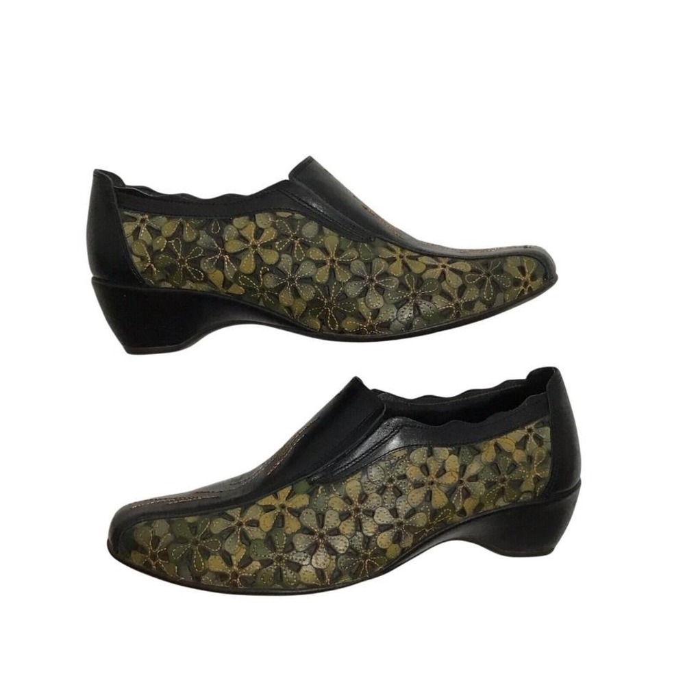 Pikolinos Womens 37 Black Olive Green Floral Leather Laser Cut Wedge Shoes - Picture 2 of 8